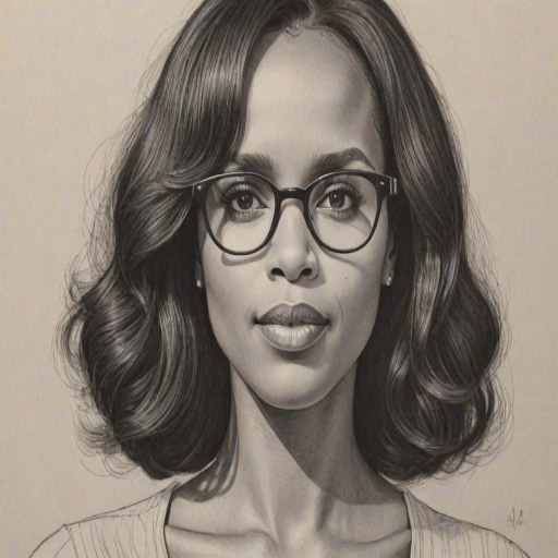 Captivating Kerry Washington, pencil sketch, portrait of Delightful woman 1949s in glasses, hair style beatnik, outline, clear lines, fine lines, 8k