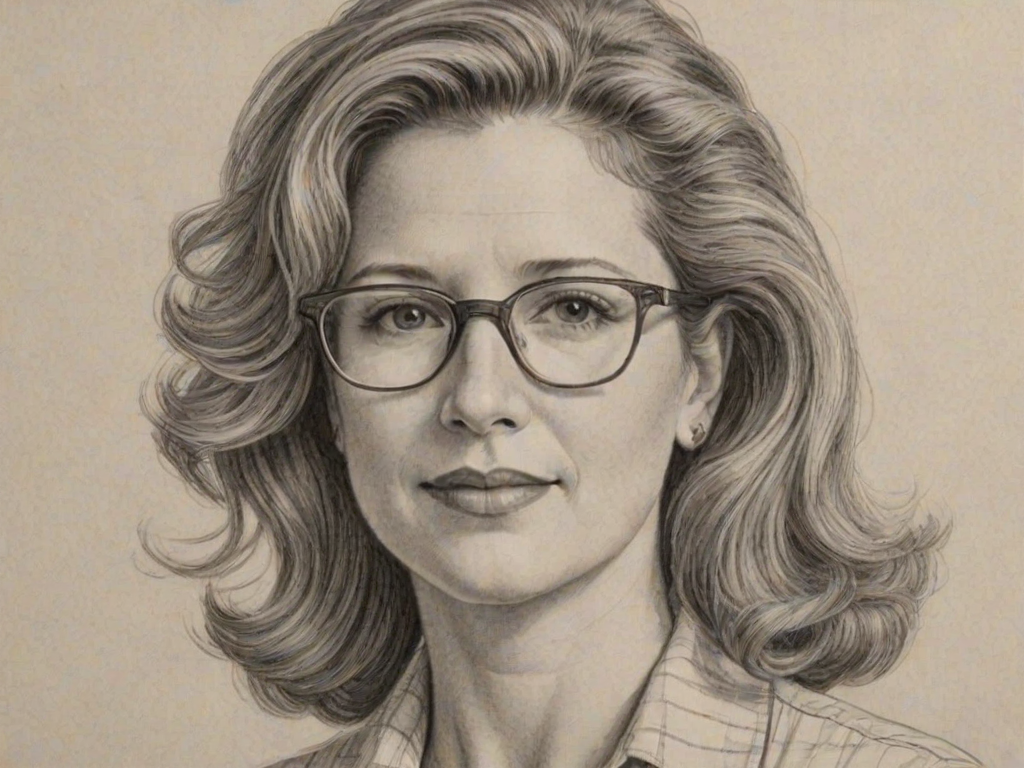 Delightful Nancy Travis, pencil sketch, portrait of Comely woman 1944s in glasses, hair style beatnik, outline, clear lines, fine lines, 8k
