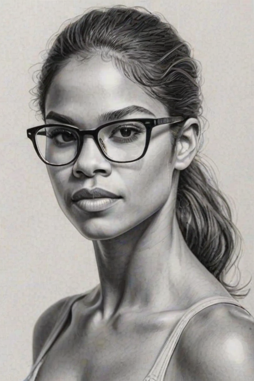 Attractive Misty Copeland, pencil sketch, portrait of Sublime woman 1972s in glasses, hair style beatnik, outline, clear lines, fine lines, 8k