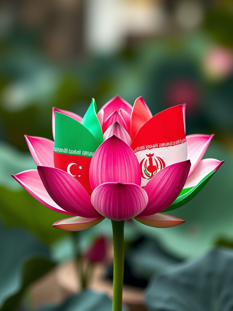 Create a high-resolution image of a lotus flower combining the flags of Iran and Tajikistan, with vibrant colors and clear details, shot with a DSLR camera at f/4 aperture, 50mm lens, and a soft-focus background for depth.