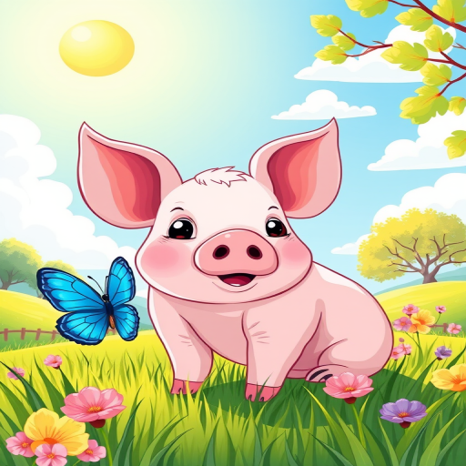 Create a vibrant illustration of a cute pig in a spring landscape, featuring a blue butterfly nearby, with green grass and trees under a bright sun and fluffy clouds, use a Canon EOS R5 camera, aperture f/4, ISO 100, 35mm lens, shot in a bright and colorful cartoon style.