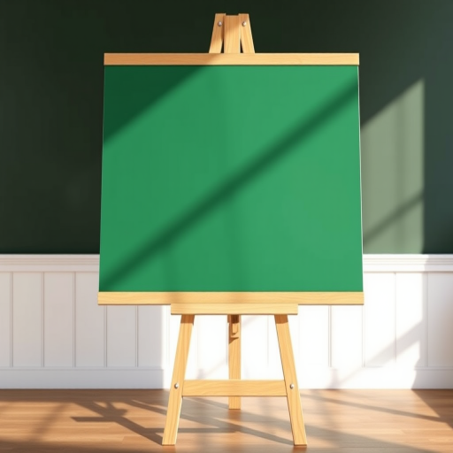 Create a high-resolution digital illustration of a blank green chalkboard on a wooden easel, shot from a slightly elevated angle using a 50mm lens, f/8 aperture, ISO 100, with natural lighting for enhanced clarity and detail.