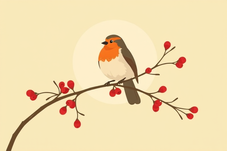 a colorful illustration of a bird perched on a branch with red berries, set against a soft green and beige background, with a circular light behind it, in a minimalist style