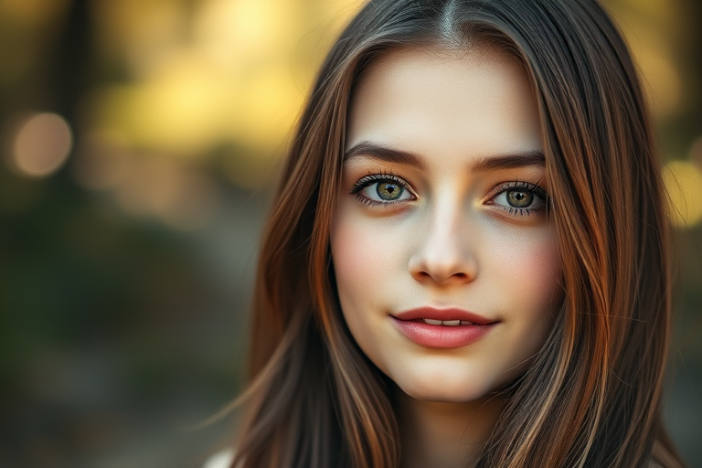 portrait of a young woman with long brown hair and clear skin, soft natural lighting, shallow depth of field, camera settings: f/1.8, ISO 100, shutter speed 1/100s, 85mm lens, captured with a full-frame DSLR, soft focus background and warm bokeh effect