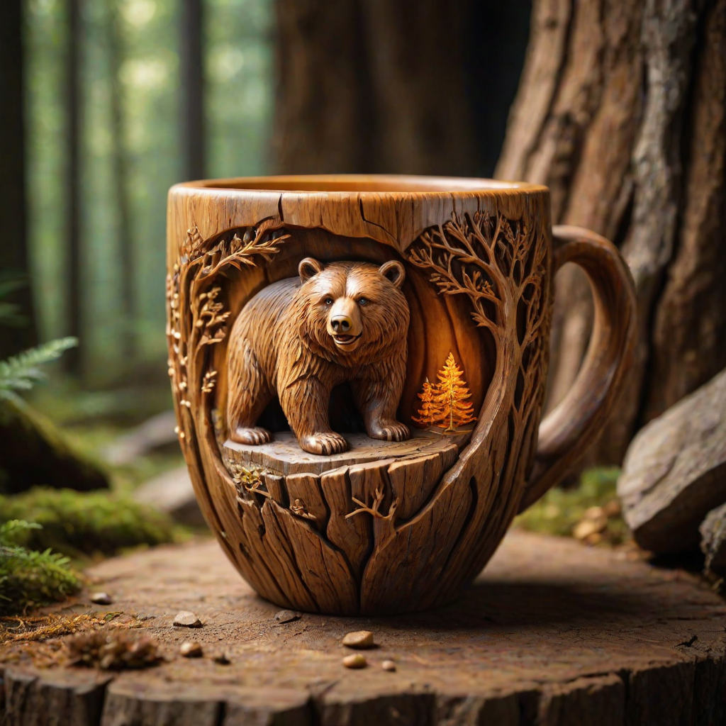 photo of artistic stone cup with 3d carving, bear cave in the forest as carving theme, ornamented by finest wood and amber accents, masterpiece of art, visually stunning, natural daylight, sharp focus,55mm f/ 1. 8 lens, studio light