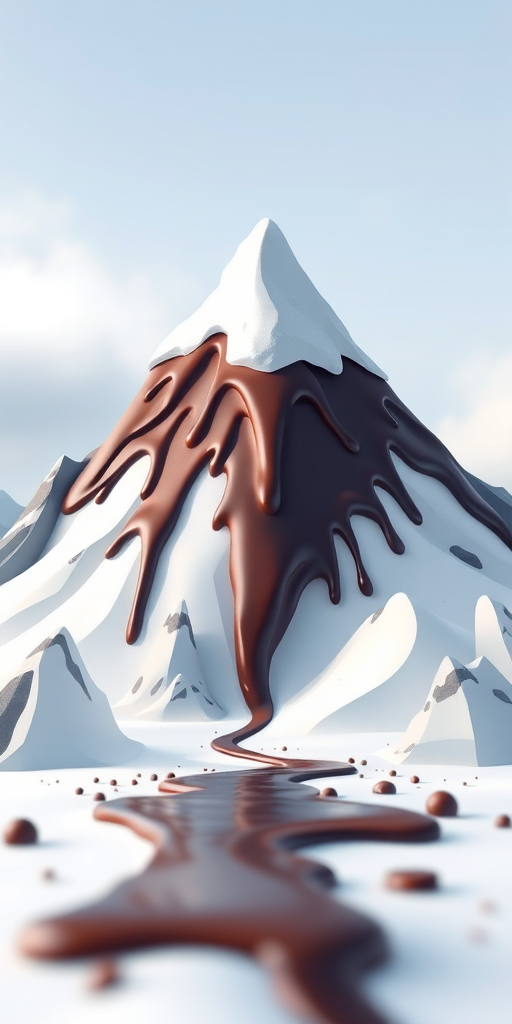 Create a high-resolution illustration of three stylized mountains with a snowy peak and chocolate drippings, captured with a DSLR camera at f/8 aperture, ISO 100, 24mm focal length, and a shallow depth of field for a soft background effect.