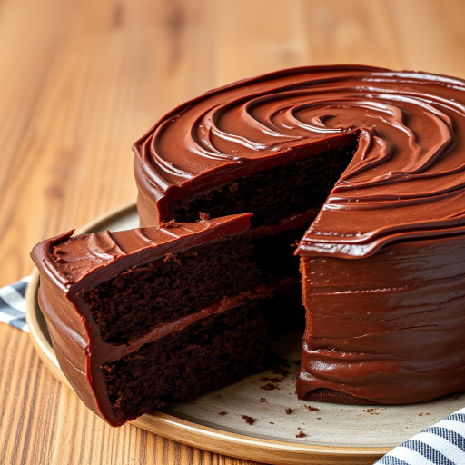 Create an image of a chocolate cake with multiple layers and rich chocolate frosting on top. The cake has a slice taken out showing the moist interior, and it is placed on a round platter. Include a textured wooden surface in the background and a striped napkin beside the cake. The overall atmosphere should be warm and inviting, highlighting the deliciousness of the cake.