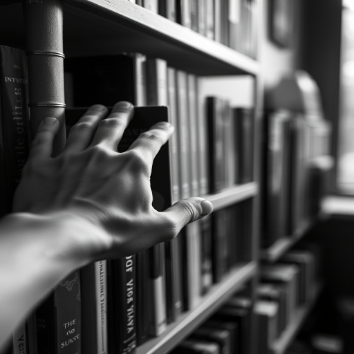 regenerate the image of a hand reaching for a decorative book on a shelf surrounded by books, captured in black and white with a shallow depth of field, using a DSLR camera at f/2.8, 50mm lens, ISO 100, 1/200s shutter speed, in soft natural light from a nearby window, focus on the hand and book with a blurred background.