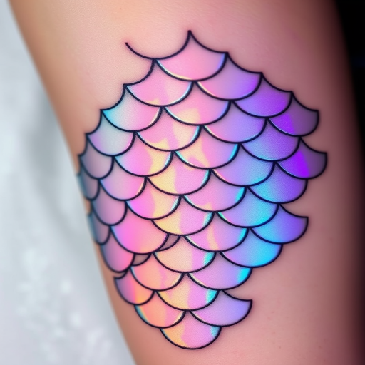 Iridescent holographic tattoo titled "Prismatic Scales" featuring a pattern of overlapping fish scales that appear to shimmer and change color as light hits them from different angles, creating a mesmerizing effect that mimics the natural iridescence found in nature, with subtle gradients and fine linework enhancing the illusion of depth and movement