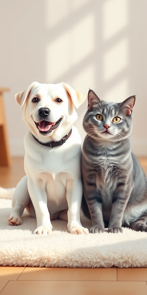 Create a high-resolution illustration of a friendly white dog and a gray cat sitting side by side on a soft rug, using a DSLR camera with a 50mm lens, aperture f/1.8, ISO 100, natural lighting for a warm and inviting atmosphere.