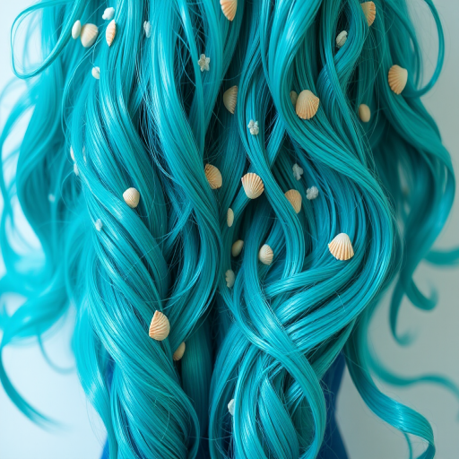 Vibrant teal mermaid waves cascade down to the waist, shimmering with iridescent highlights and adorned with tiny seashells, capturing the essence of the ocean's depths