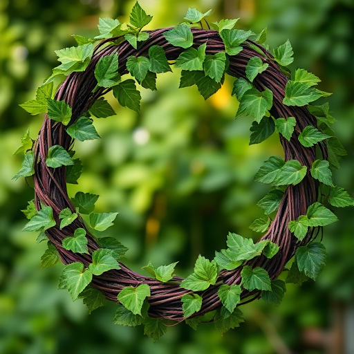 Create a circular wreath design featuring intertwining vines and lush green leaves, using a shallow depth of field, shot at f/2.8, 50mm lens, natural lighting, and a soft focus background to enhance the details and vibrancy of the foliage.