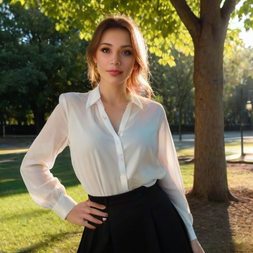 Em1ru wearing white blouse and black skirt posing for the picture at the park in the shade, sunny, casting shadows, vivid, intricate details
