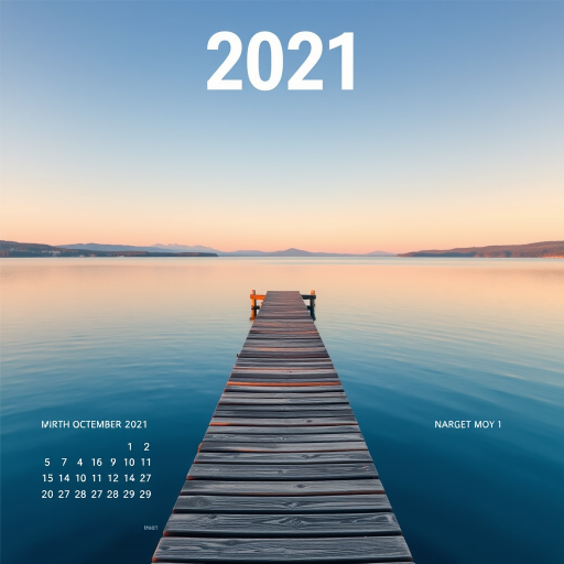 Create a visually appealing calendar graphic for 2021 featuring a serene lake view with a wooden pier extending into the water, using vibrant blue tones, flat design style, shot with a digital camera at f/8 aperture, ISO 100, 24mm focal length, in landscape orientation.