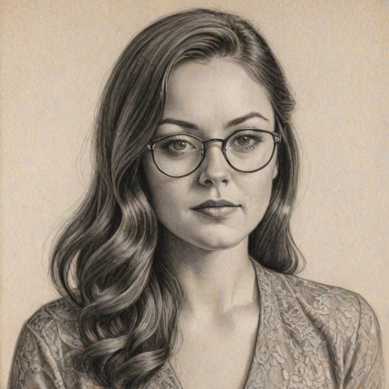 Captivating Lacey Turner, pencil sketch, portrait of Dazzling woman 1929s in glasses, hair style beatnik, outline, clear lines, fine lines, 8k