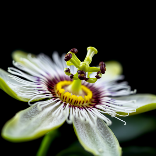 macro shot of a passion flower on a dark background, focus on intricate details of the petals and stamens, 50mm lens, aperture f/2.8, ISO 100, shutter speed 1/200 sec, using a DSLR camera for enhanced clarity and depth of field.