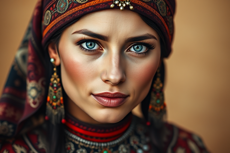 Create a portrait of a beautiful First Nations woman with striking blue eyes and a gentle expression. She is adorned in traditional attire with intricate patterns, including a richly embroidered headscarf and matching garments. Her jewelry includes a delicate headpiece, dangling earrings, and ornate bracelets, all featuring vibrant gemstones and detailed metalwork. The background is soft and warm, enhancing the rich colors of her outfit and jewelry.