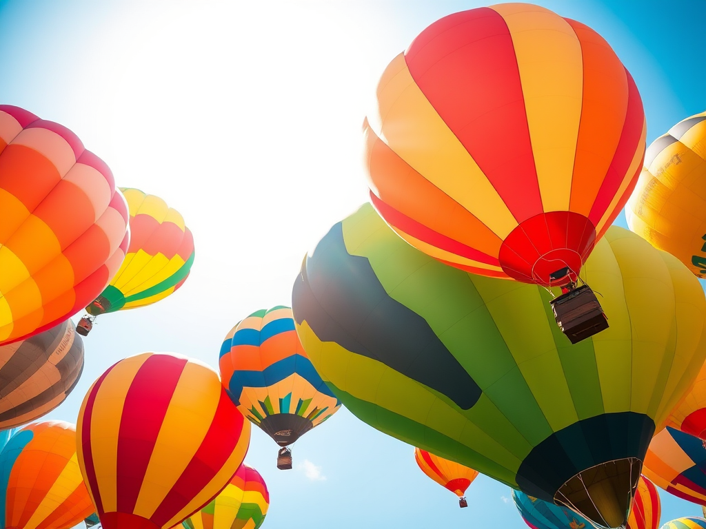 colorful balloons in a bright sky, vibrant and textured, captured at f/2.8 aperture, 1/200s shutter speed, ISO 100, shot with a DSLR camera, panoramic view, using a macro lens for detail enhancement