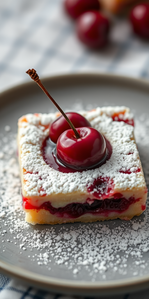capture a close-up of a square dessert with cherries on a gray plate, sprinkled with powdered sugar, shallow depth of field, ISO 100, f/2.8, 50mm lens, natural light, macro view, DSLR camera