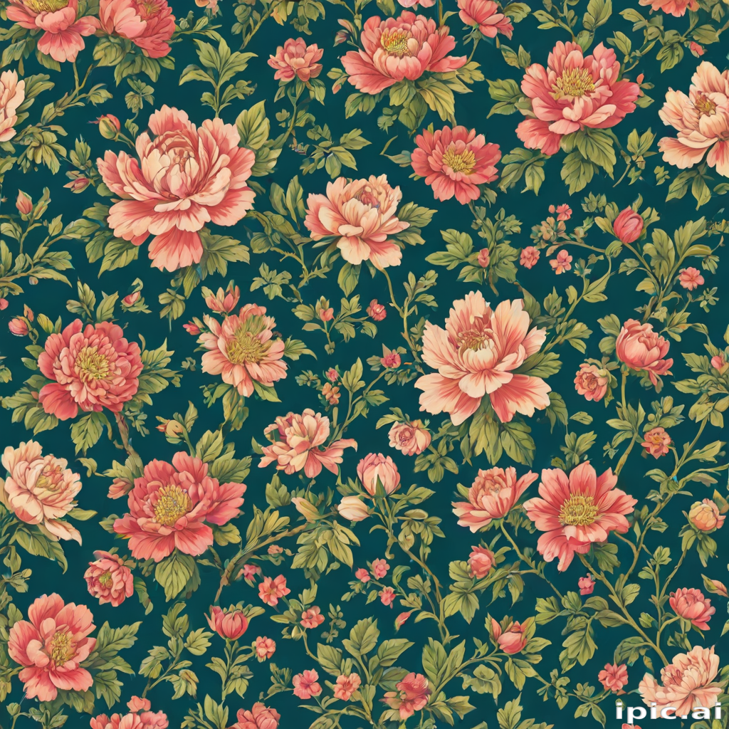 Vibrant Floral Pattern Featuring Peonies on a Dark Green Background