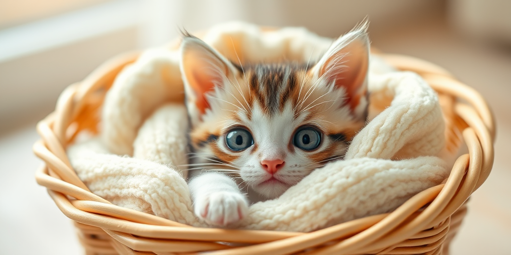 Create an illustration of a cute kitten resting in a cozy basket, wrapped in a soft blanket with large expressive eyes, in a soft-focus style, shot with a Canon EOS R5 at f/2.8, ISO 100, using natural light to enhance softness and detail.