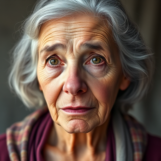 Create a hyper-realistic portrait of an elderly woman with gray hair and visible wrinkles, 50mm lens, f/1.8 aperture, natural lighting, shot on a full-frame DSLR camera, with a soft-focus background to enhance the subject clarity.