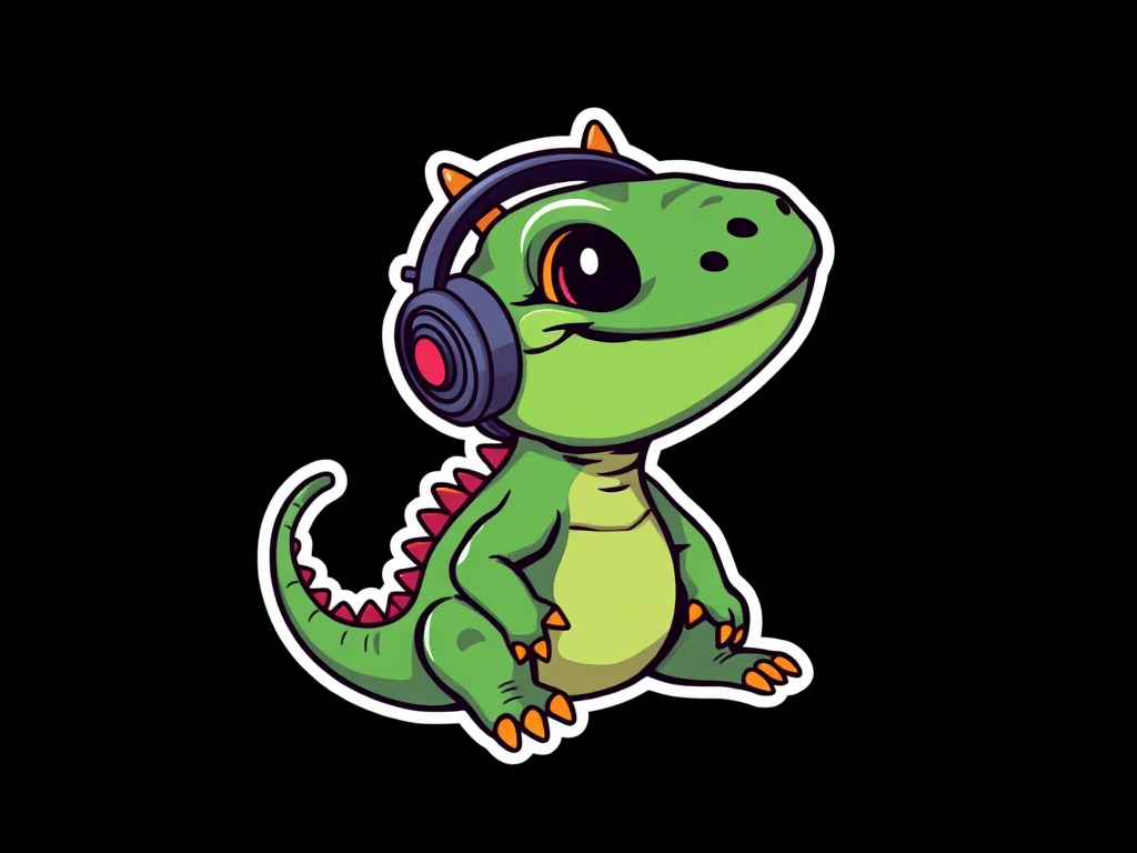 this picture is sticker, Happy Colorful Komodo dragon wearing Headphones, kawaii, contour, vector, black background