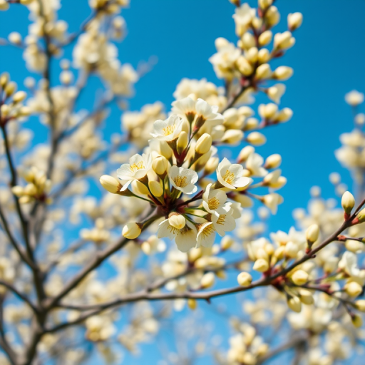 high-resolution image of a blooming tree with soft yellow buds against a clear blue sky, macro lens, f/2.8 aperture, 1/250 sec shutter speed, ISO 100, taken from a low angle perspective to enhance depth and focus on the blossoms, daylight.