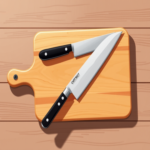Create a digital illustration of a wooden cutting board with a chef's knife on it, using a high-resolution setting of 300 DPI, in a top-down view, employing a realistic style with soft shadows for depth, captured with a digital camera simulation.