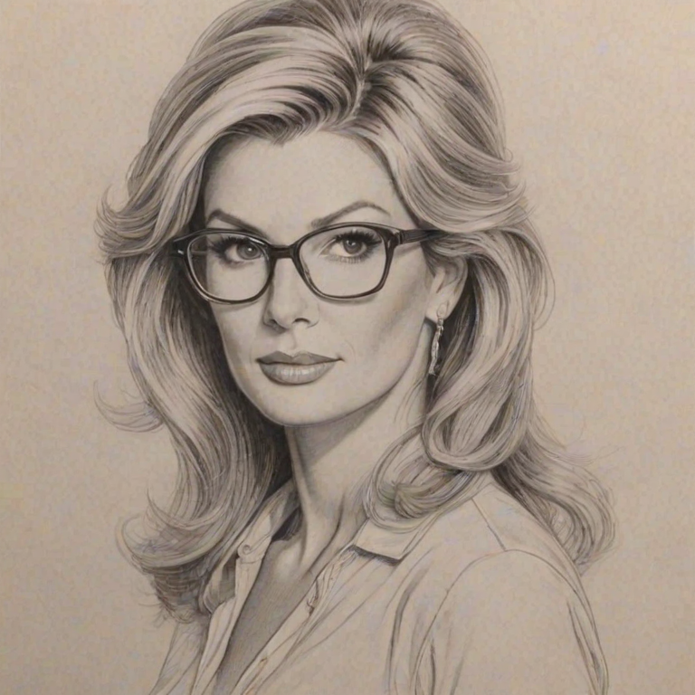 Fascinating Faith Hill, pencil sketch, portrait of Ravishing woman 1961s in glasses, hair style beatnik, outline, clear lines, fine lines, 8k