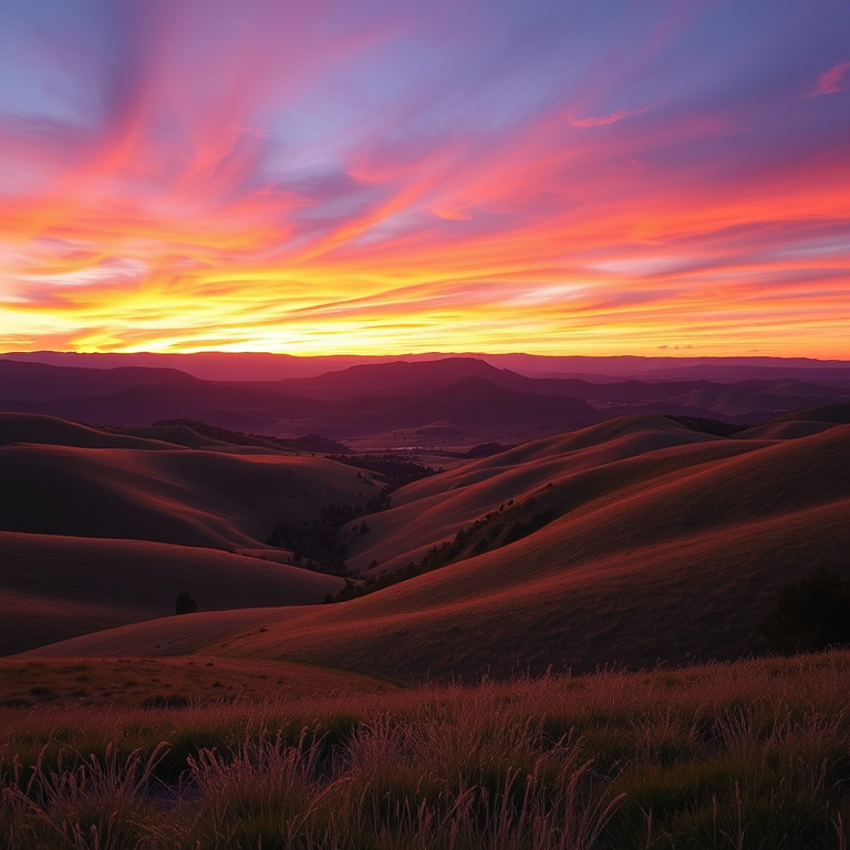 Generate a high-resolution image of a serene landscape featuring rolling hills and a vibrant sunset sky with rich colors, using a DSLR camera with a 50mm lens, aperture set to f/1.8, ISO 200, shutter speed of 1/250 seconds, in landscape orientation for enhanced depth and detail.