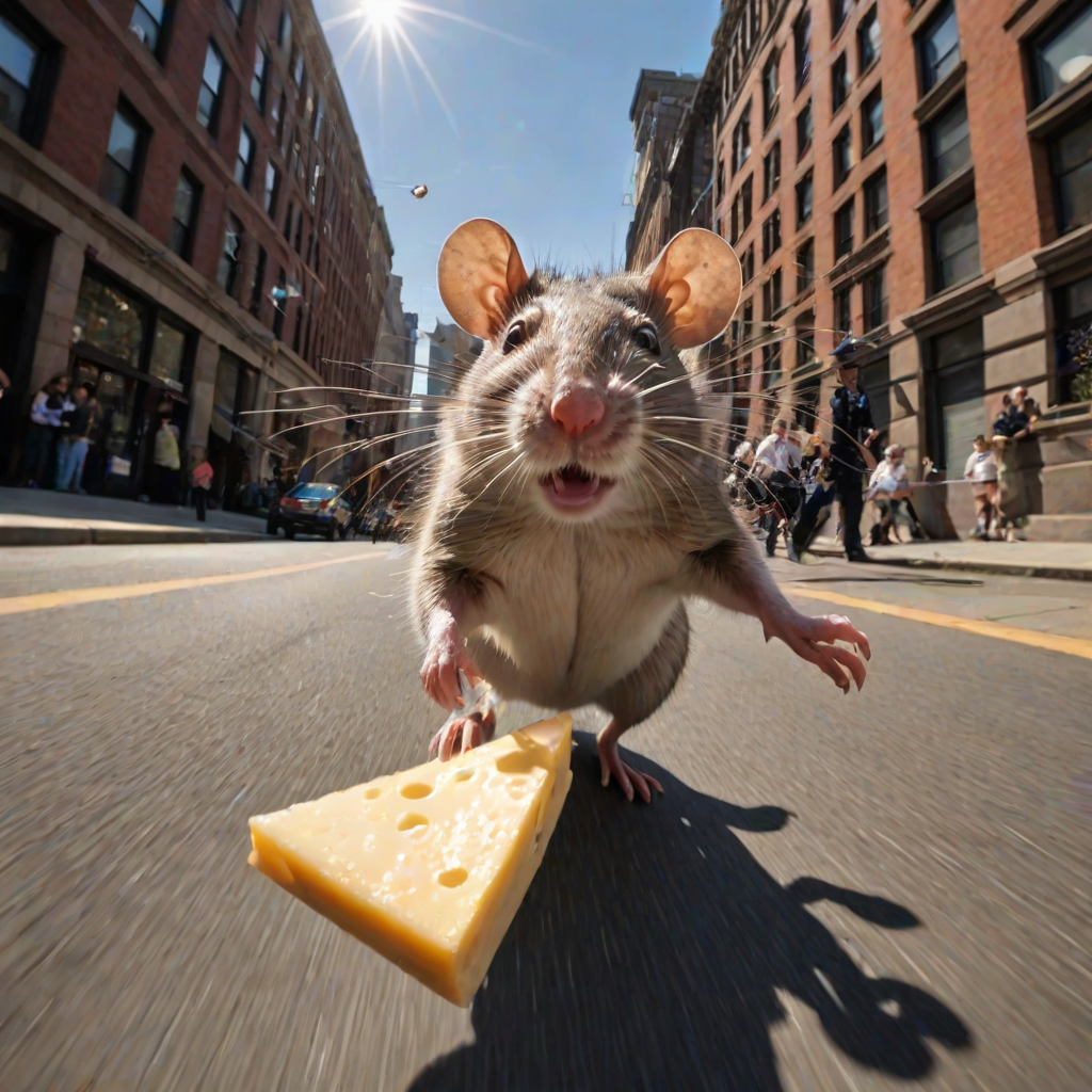 rat holding cheese is (running:1.05) to the viewer, (motion blur:1.1), (police running:1.2), (dynamic:1.1), sun rays, newyork, (taken by go pro:1.3), (taken by 7.5mm fisheye lens:1.1)