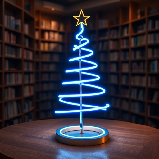 Generate an image of a modern Christmas tree made of glowing blue neon lights in a library setting, with bookshelves in the background and a soft light illuminating the scene. The tree should have a spiral design and be placed on a wooden table, with a circular glow on the surface below it.