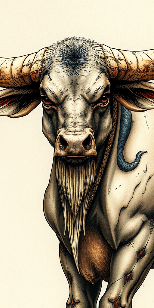 A detailed illustration of a mythical creature with the body of a bull and the upper part of a human, showcasing intricate textures and shading, captured with a DSLR camera at f/2.8, ISO 100, in a close-up shot with natural lighting to enhance detail and depth.