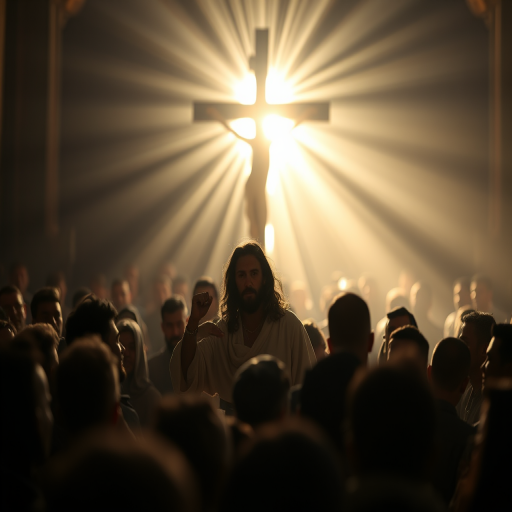 Regenerate the image of Jesus surrounded by a crowd with a bright light emanating from a cross in the background, use a Canon EOS R5 camera with a 50mm lens, aperture f/1.8, ISO 100, shot in natural light, with a soft focus style to enhance the ethereal quality.