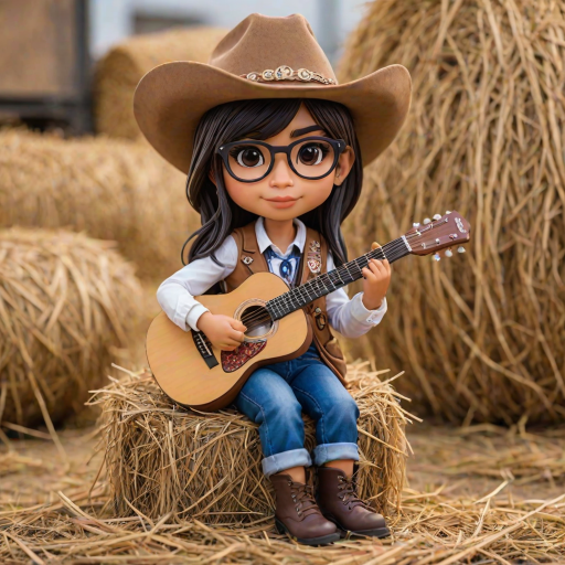 A chibi mia khalifa, dressed as a cowboy, playing guitar, sitting on a hay bale
