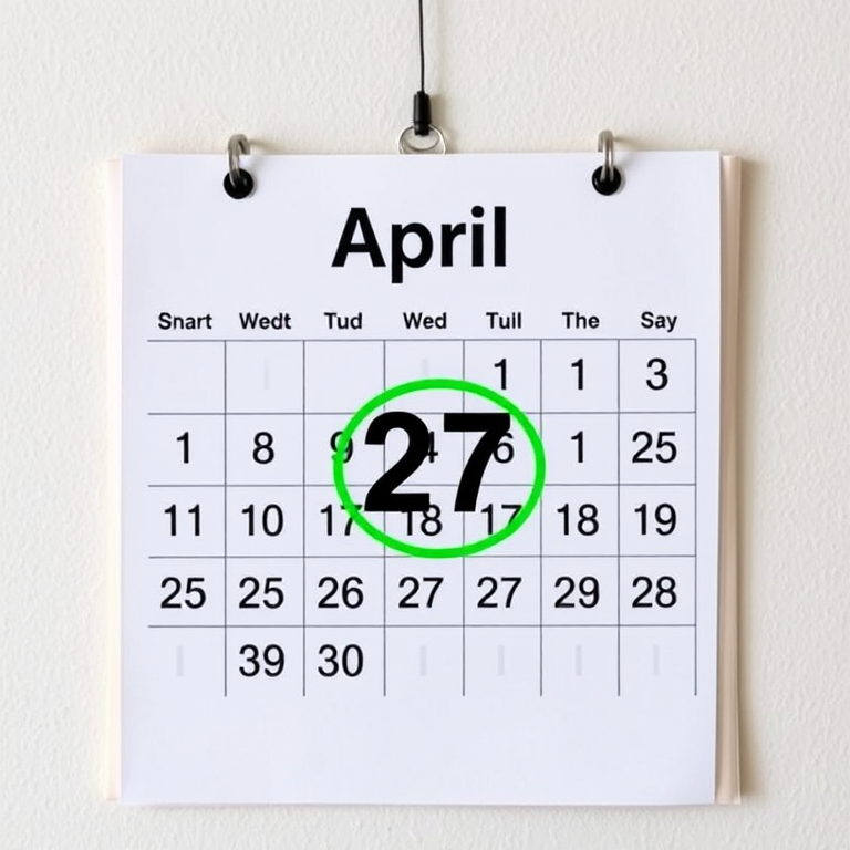 Create an image of a wall calendar showing the month of April, with the date 27 circled in green, shot with a Canon EOS 90D, 50mm lens, f/2.8 aperture, ISO 100, natural lighting, slight top-down angle for clarity.