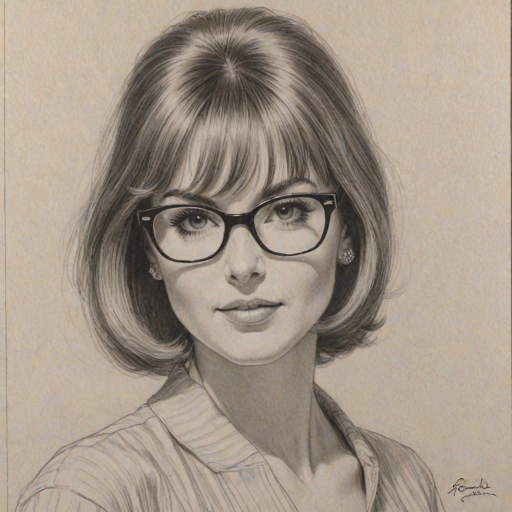 Ravishing Bobbie Phillips, pencil sketch, portrait of Exquisite woman 1965s in glasses, hair style beatnik, outline, clear lines, fine lines, 8k