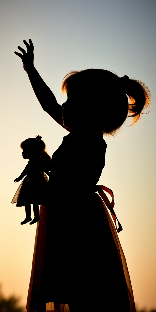 Create a high-resolution silhouette of a girl in a dress with one arm raised, holding a doll, captured with a DSLR camera at f/2.8 aperture, ISO 100, 50mm lens, natural light, side view.