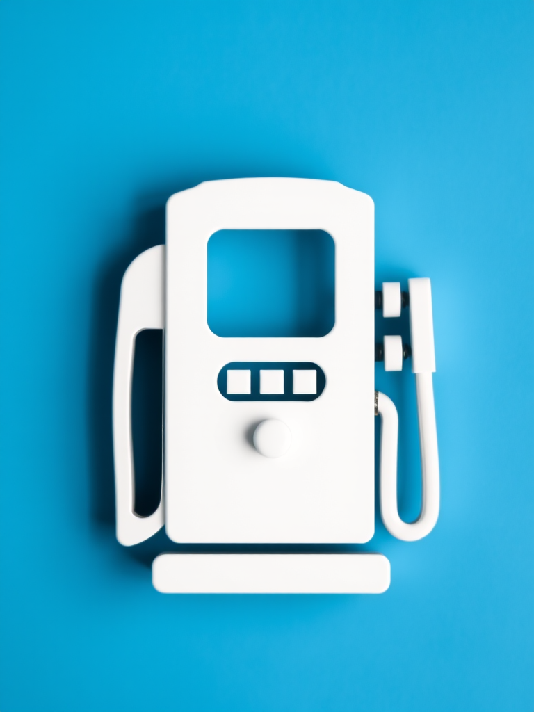 Create a high-resolution image of a fuel pump icon on a blue background, with a focus on clean lines and contrast; use a DSLR camera with a 50mm lens, aperture set to f/2.8 for shallow depth of field, and a slight tilt-shift effect to enhance perspective.
