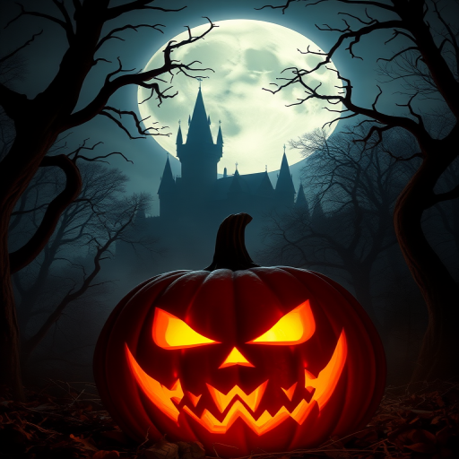 A spooky Halloween scene featuring a carved pumpkin with a menacing expression glowing from within surrounded by dark twisted trees a large full moon in the background and a silhouette of an eerie castle in the distance with a misty atmosphere and deep shadows creating a haunting vibe