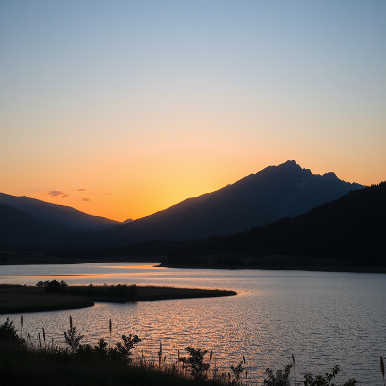 Create a high-resolution image of a scenic landscape featuring a sunset over a mountain range with a lake in the foreground, using a DSLR camera at f/8, ISO 100, 1/125 sec, shot from a low angle with a wide-angle lens at 24mm for depth and clarity.