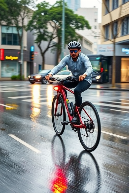 Capture a dynamic shot of a cyclist riding an electric bike through rain-slicked streets, emphasizing the motion blur of the bike, with a wide-angle lens at f/4, ISO 200, shutter speed 1/500s, taken with a DSLR camera in vibrant color settings.