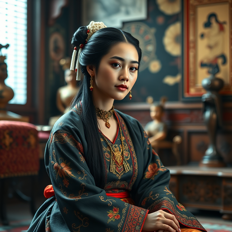 A beautiful Guarani woman in traditional East Asian attire, intricately detailed with embroidered patterns, sitting gracefully in a richly decorated room, soft ambient lighting, serene and elegant, ultra-realistic, 8K resolution