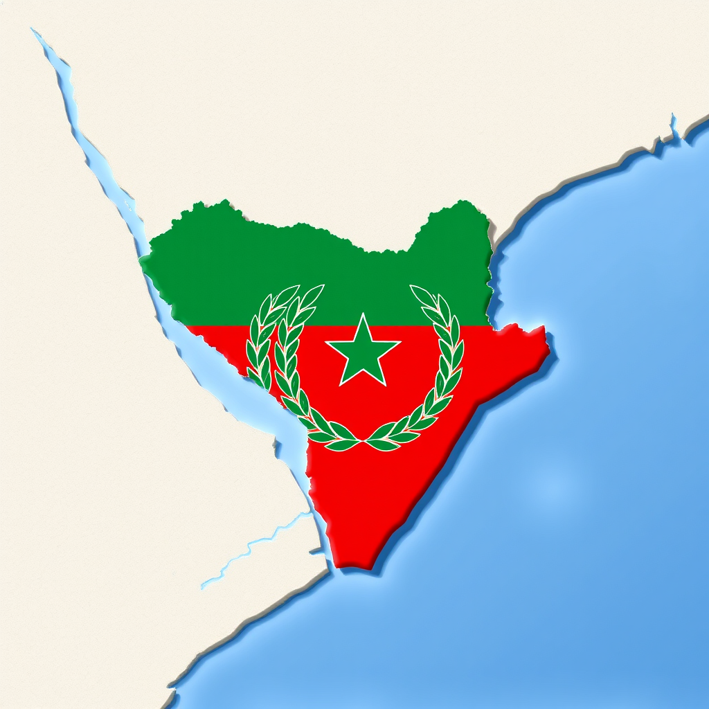 Create a high-resolution vector illustration of the map of Eritrea featuring distinct sections in green, red, and blue with a laurel wreath design, shot using a DSLR camera with a 50mm lens at f/8 aperture, ISO 100, in natural lighting, with a top-down view for clarity and detail.