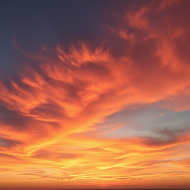 capture a vibrant sunset sky with swirling clouds in shades of orange, pink, and blue using a DSLR camera at f/11, ISO 100, 1/200s, wide-angle lens, shot from a high vantage point to enhance depth and clarity
