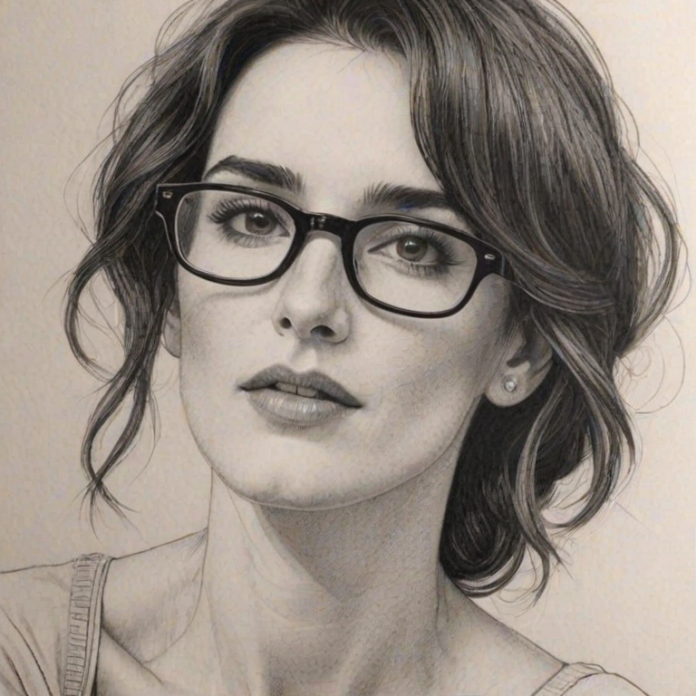 Exquisite Paz Vega, pencil sketch, portrait of Dazzling woman 1921s in glasses, hair style beatnik, outline, clear lines, fine lines, 8k