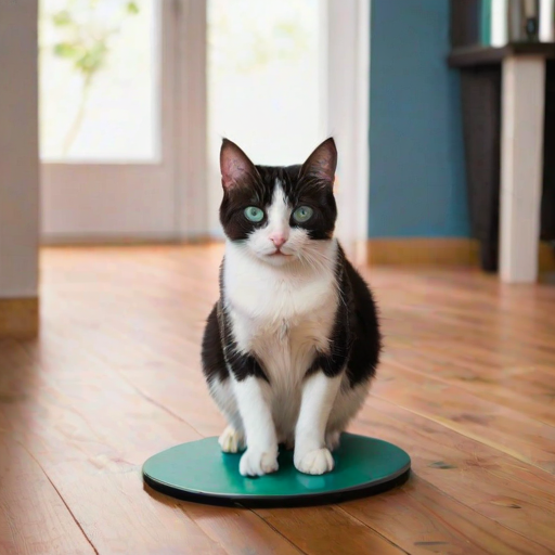 with its eyes slightly narrowed and its mouth slightly open, adding to its alert and attentive demeanor. The cat is sitting on a surface that appears to be a table or desk, piercing blue, round green eyes and a pink nose, ucat, A photograph captures a white and black cat sitting on a wooden floor in a cozy room. The cat has large