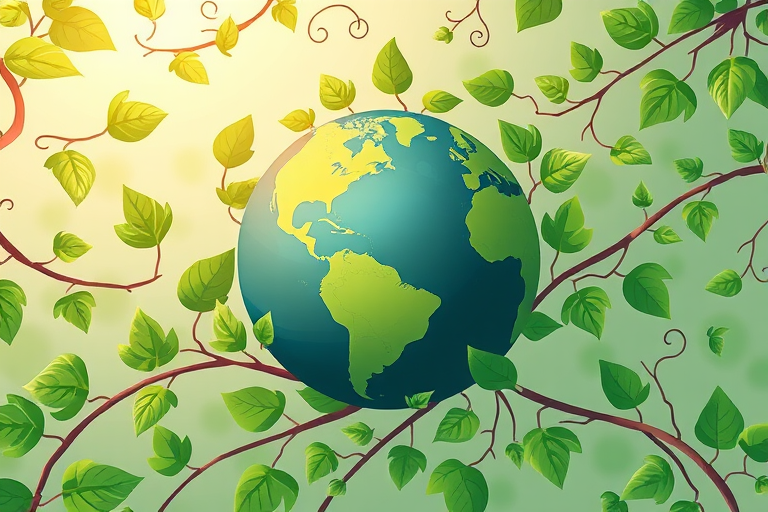 Create an illustration of a stylized Earth surrounded by green leaves and vine-like lines, using a high-resolution camera with a 50mm lens, f/2.8 aperture, ISO 200, and soft natural lighting for clarity and detail.