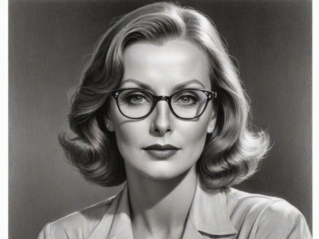 Delightful Greta Garbo, pencil sketch, portrait of Ravishing woman 1961s in glasses, hair style beatnik, outline, clear lines, fine lines, 8k
